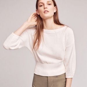 Anthro, White Balloon Sleeve Boat Neck Sweater